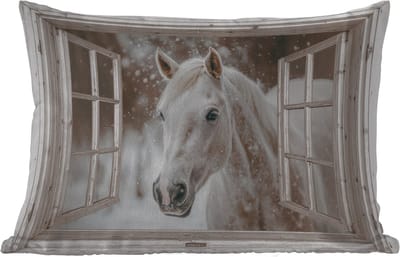 Buitenkussens - Tuin - Paard - Wit - Winter - Sneeuw - Doorkijk - Dieren - 50x30 cm
