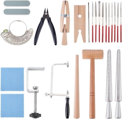 SnelShoppen - Professionele Juweliersgereedschapset met Houten Klemmen, Conische Ringmaatversteller, Hamer, Diamantvijlen, Aluminium Ringmaatverstelle