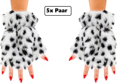 5x Paar vingerloze handschoen pluche dalmatiër - Feest festival thema feest party optocht themafeest