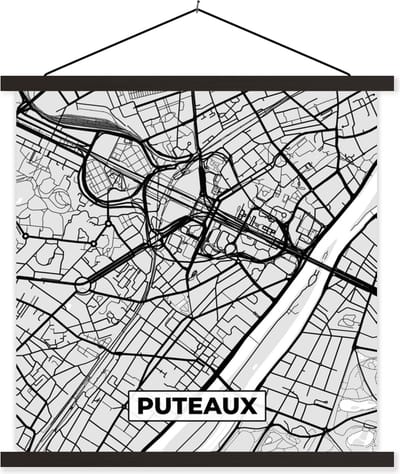 Posterhanger incl. Poster 60x60 cm - Schoolplaat - Puteaux - Frankrijk - Plattegrond - Kaart - Stadskaart - Textielposter - Zwarte latten - Stadskaart