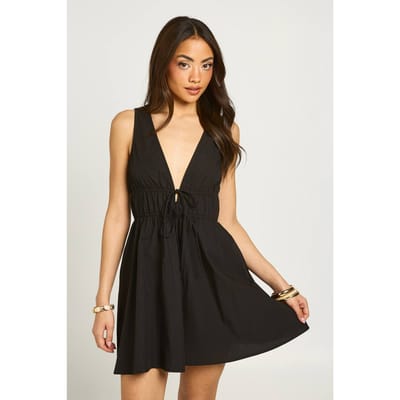 boohoo Dames Mini Skater Jurk Met Diepe V-hals En Strikdetail Vooraan | Zwart | Maat: 42