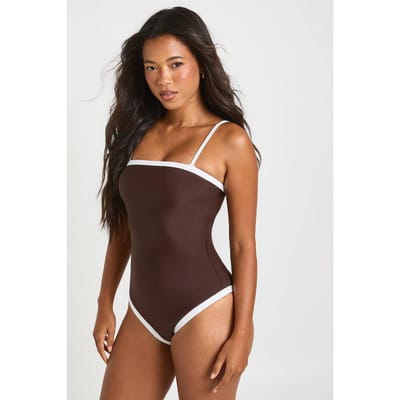 boohoo Dames Buikcontrolerend Badpak Met Contrasterende Vierkante Hals | Chocoladebruin | Maat: 44