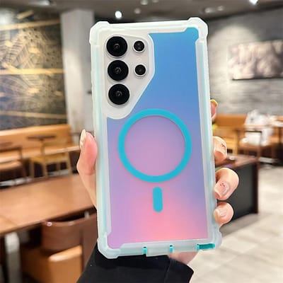 MagSafe magnetische luxe telefoonhoes met laser-aurora-gradient effect voor Samsung Galaxy S25 Ultra S24 Plus, inclusief schokbestendige bescherming. Galaxy S25 gray