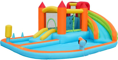 Springkussen met 2 Glijbanen & 2 Zwembaden - Inclusief Blower - 6-in-1 Waterpark & Springkasteel - Met Waterpistool, Trampoline & Basketbalring - Outdoor Speelgoed - 3-10 Jaar