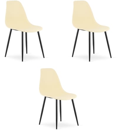 Set van 3 Stoelen WAT – Crème, Zwarte Metalen Poten, Kunststof Zitting – Modern en Ergonomisch – Geschikt voor Eetkamer, Woonkamer, Keuken, Thuiswerkplek, Kantine en Wachtruimte – Eenvoudige Montage