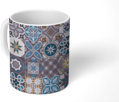 Mok - Koffiemok - Bloemen - Patronen - Blauw - Bruin - Mokken - 350 ML - Beker - Koffiemokken - Theemok