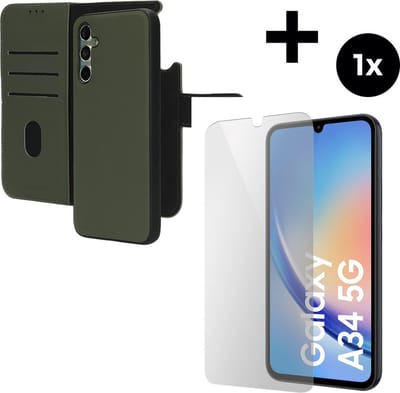 Mobiparts Leather 2 in 1 Wallet Case hoesje geschikt voor Samsung Galaxy A34 (2023) 5G met 1 Screenprotector van Gehard Glas - Groen