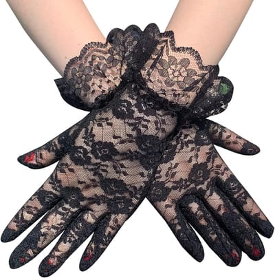 Elegante Korte Kanten Handschoenen voor Dames, Roze Kanten Ontwerp voor Bruiloften en Feestjes, Zwart, One Size