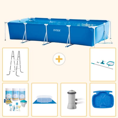 Intex Rechthoekig Frame Zwembad - 450 x 220 x 84 cm - Blauw - Inclusief Onderhoudspakket - Grondzeil - Zwembadfilterpomp - Voetenbad - Ladder - Schoonmaakset - 7-delig