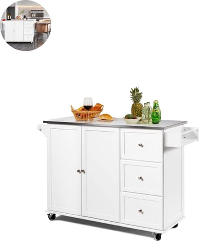 Keukeneiland - Verplaatsbaar - Keukenkast - Dressoir - Organizer - Kasten - Houten Werkblad - Wit