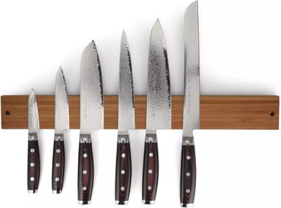 Yaxell Super Gou Messenset – 7-delig – Bamboe Magneetstrip met 6 Messen – 161 Lagen Damaststaal – SG2 Staal – 63 HRC – Canvas-Micarta Heft