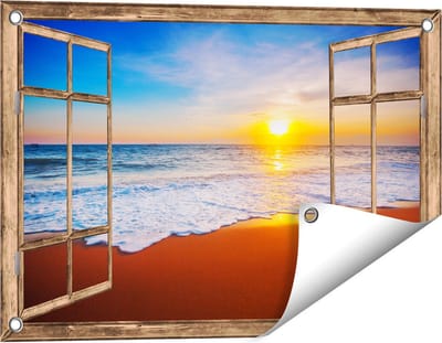 Gards Tuinposter Doorkijk Strand en Zee tijdens Zonsondergang - 60x40 cm - Tuindoek - Tuindecoratie - Wanddecoratie buiten - Tuinschilderij