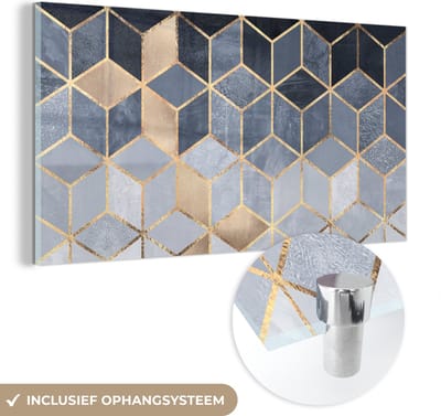 MuchoWow® Glasschilderij 40x20 cm - Schilderij acrylglas - Kubus - Goud - Luxe - Patronen - Foto op glas - Schilderijen