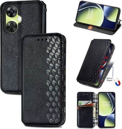 Luxe PU Lederen Ruitpatroon Wallet Case + PMMA Screenprotector voor OnePlus Nord CE 3 Lite _ Zwart