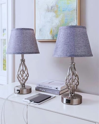 Thuys – LED Tafellampen Met Oplaadfunctie En Touch Dimmer – Grijze Linnen Lampenkap – Met 2 USB-Poorten – Zilver