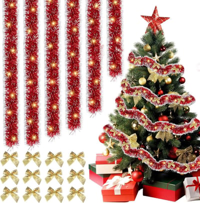 6 Stuks 2 m Rode Kerstboom Wreath Lametta Garland met Gouden Strik, Kerstdecoratie voor Binnen en Buiten, Perfect voor Feestdagen en Kerstversiering