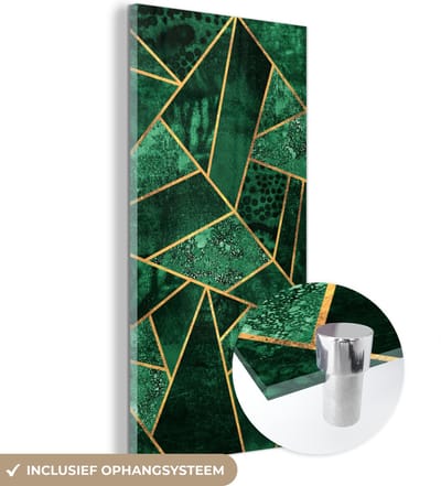 MuchoWow® Glasschilderij 60x120 cm - Schilderij acrylglas - Smaragd - Goud - Abstract - Patronen - Foto op glas - Schilderijen
