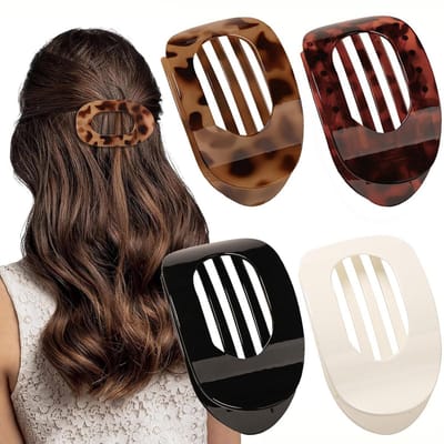 4 Stuks Holle Ovale Platte Haarclips voor Vrouwen - Gemixte Schildpad Zwart Crème Glanzende Haarspelden - Anti-slip Sterke Grip Haarclip voor Dik Dun Haar Dagelijks Kantoor Retro Kapsel