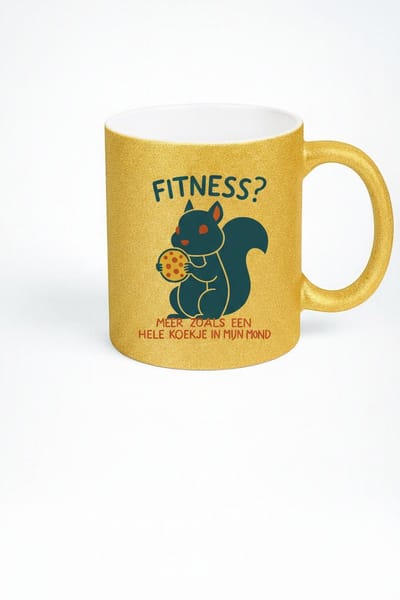 “Fitness? Meer Zoals Een Hele Koekje In Mijn Mond” 330ml Gouden Glitter Koffiemok – Grappige Eekhoorn Design – Leuk Humor Cadeau