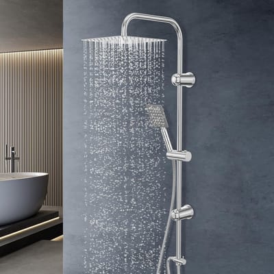 Complete regendouche set met 25x25cm roestvrijstalen plafonddouche en handdouche, wandmontage met chroom douchebuis voor moderne badkamers