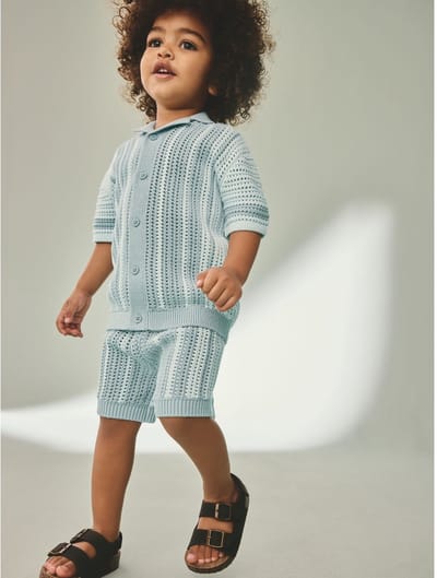 Next - Jongens - Gehaakt gebreid shirt met korte mouwen en shorts - Blauw