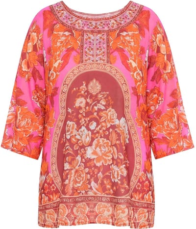 MIAMODA - Dames - overhemdblouse allover patroon met glittersteentjes - Neonrood - Maat 42