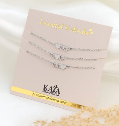 Zussen Armbanden Set Drie Kleine Hartjes | Stainless Steel Zilver