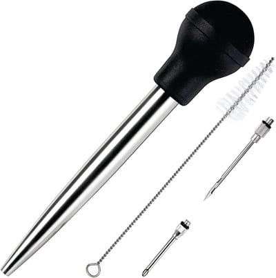carmdering - Kalkoen Baster, Kalkoen Spuit, RVS ，Met siliconen zuigbol，33 x6 cm - Geschikt voor koken, bakken en het inspuiten van marinades- Zwart