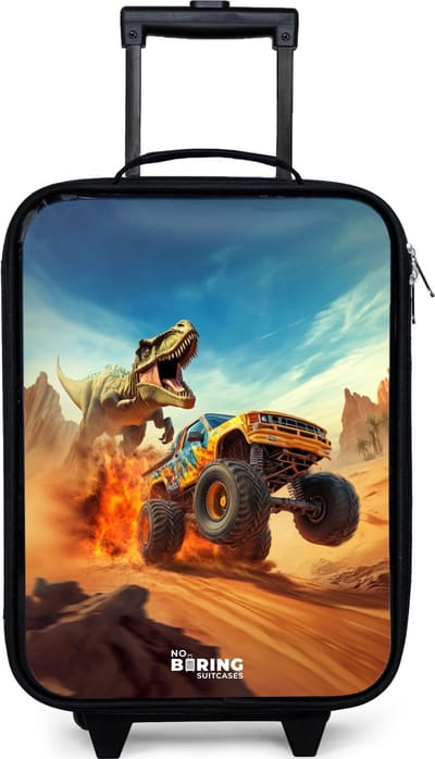 NoBoringSuitcases.com® - Kinderkoffer jongen - Kindertrolley meisje - Vluchtende truck voor T-Rex in vurige woestijn - Koffer kind lichtgewicht - Reiskoffer trolley voor kinderen - Koffertje met lichtgevende wieltjes - Rolkoffer zwart