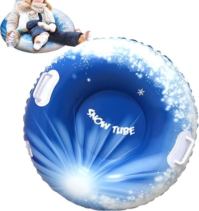 Opblaasbare Snow Tube Met Voetpomp – Extra Stevige Winter Slee – Dik PVC – Slijtvast – Blauw Met Uniek Design – 80 × 80 × 25 cm – Met Handgrepen