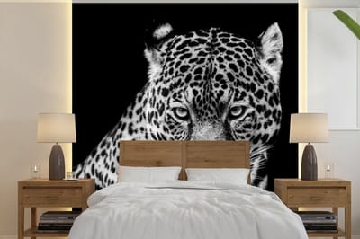 Behang - Fotobehang Luipaard - Dieren - Zwart - Wit - Portret - Breedte 220 cm x hoogte 220 cm