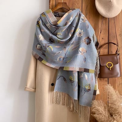 Écharpe Châle Pashmina Longue à Pompons Douce Chaude Imprimé Style National Couverture d'Extérieur Coupe-vent Coupe-froid Automne Hiver gray