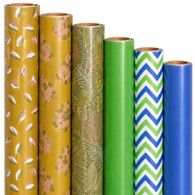 Cadeaupapier Set – Botanical Fresh Collection (6 Stuks) – 200×70 cm – Mosterdgeel, Olijfgroen, Groen, Blauw & Wit – Bladeren, Bloemen, Effen & Chevron Prints – Inpakpapier