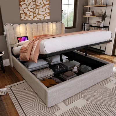 VVBV Katoen linnen Gestoffeerd Bed 160x200cm - Voor 2 personen met USB-Oplader en Leeslamp - met hydraulische hendel - Met Opbergruimte - Beige(zonder matras)