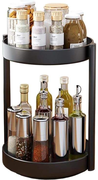 GELLDG Kruidenrek 2 Etagen - 360° Draaibaar Gewürzregal - 26x26x34cm met 28cm Tussenruimte - Dubbele Capaciteit, Antislip Bodem - Geschikt voor Keuken, Badkamer en Woonkamer - Van Koolstofstaal