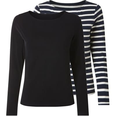 ESMARA Set van 2 dames longsleeves (strepen/marineblauw, XS (32/34))