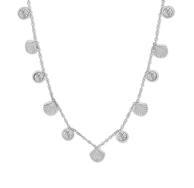 CO88 Collection - 8CN-26478 - fijne schakelketting vrouwen met schelpen en witte zirconia stenen - 40+5 cm - zilverkleurig
