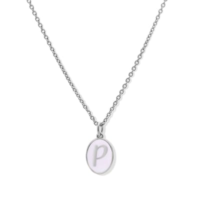 New Bling 9LA-20059-P Zilveren Ketting met Letterhangertje - P - Ovaal - 12x8,8mm - Emaille - Lila - Initiaal sieraad - Rhodium - Zilver