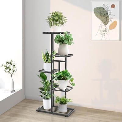 SERALUXE - Plantenrek met 5 Lagen - Plantenstandaard - Plantentafel - Plantenrekken - Plantentrap - Plantentafeltje voor binnen - buiten - Bloemenrek - Planten etagere - Metaal - Zwart