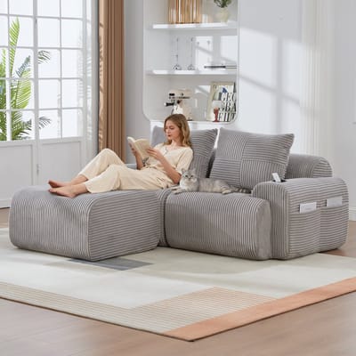 Modulaire corduroy bank voor 2 personen (met voetenbankjes), vrij combineerbaar, inclusief bekerhouder en opbergvak aan de zijkant, ideaal voor woonkamers, familiekamers en andere ruimtes. Lichtgrijs