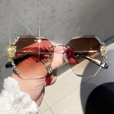 Lunettes de Soleil de Luxe Designer Vintage Sans Monture Strass Femme Homme Mode Verres Dégradés Lunettes de Soleil Nuances Pour Femme