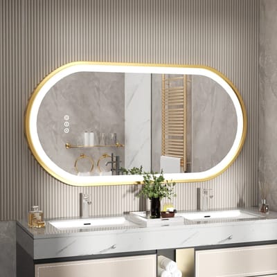 LabelOne Badkamerspiegel - Spiegel met verlichting - gouden rand - ovaal - dimbare LED-verlichting - anticondens - 50 x 100cm