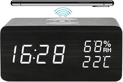 Houten digitale wekker met LED draadloos opladen temperatuur en vochtigheid display verstelbare helderheid geluidsregeling voor slaapkamer thuiskantoor (zwart)