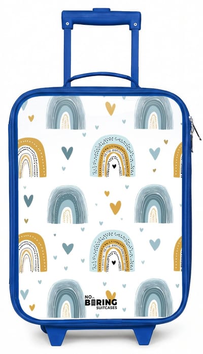 NoBoringSuitcases.com® - Kinderkoffer blauw - Kindertrolley jongen - Patroon - Regenboog - Hartjes - Koffer kind lichtgewicht - Reiskoffer trolley voor kinderen - Koffertje met lichtgevende wieltjes - Rolkoffer