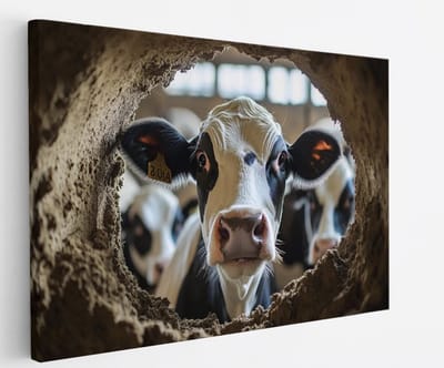 Saammp Canvas Schilderij - Glurende koe - Doorkijk - Dieren - nederland - 45x30 - Foto op canvas - Wanddecoratie - Muurdecoratie Woonkamer - Slaapkamer decoratie - Canvas Print