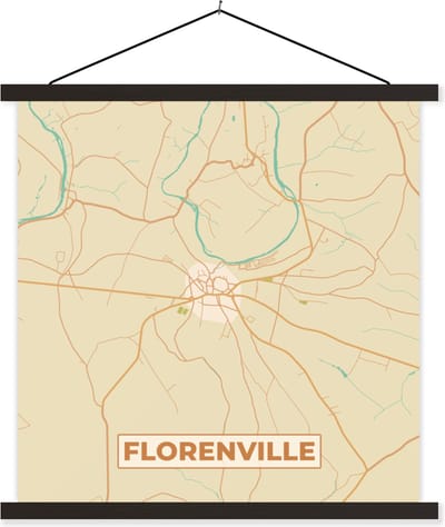 Posterhanger incl. Poster 60x60 cm - Schoolplaat - Florenville - Stadskaart - Vintage - Kaart - Plattegrond - Textielposter - Zwarte latten - Stadskaart
