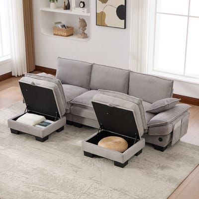 DESMIU Bank Set 260 x 132 cm - Modulaire 3-Zits Met 2 Hockers, USB-C Aansluiting En Zijvakken - Voor Woonkamer Of Kantoor - Ribstof Lichtgrijs