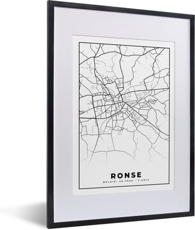 Fotolijst incl. Poster Zwart Wit- Plattegrond – Ronse – Zwart Wit – Stadskaart - Kaart - België - 30x40 cm - Posterlijst