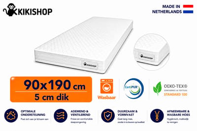 Kikishop Topdekmatras 90x190 – 5 cm HR Koudschuim – Afritsbaar & Wasbaar – CertiPUR® Gecertificeerd – Medium Hardheid – Comfort Matrastopper