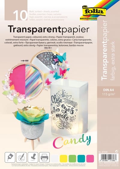 Folia transparant papier, 115 g, ft 21 x 29,7 cm, A4, geassorteerde kleuren, pak van 10 vel